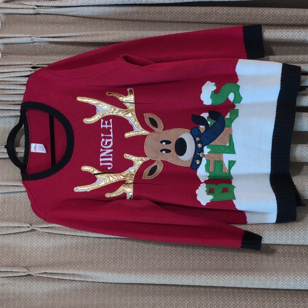 Women's Size 2X Holiday Time Jingle Bells Reindeer Long Sleeve Sweater